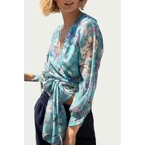 NEW PHALAENOPSIS zoe floral-print georgette wrap blouse in sky blue